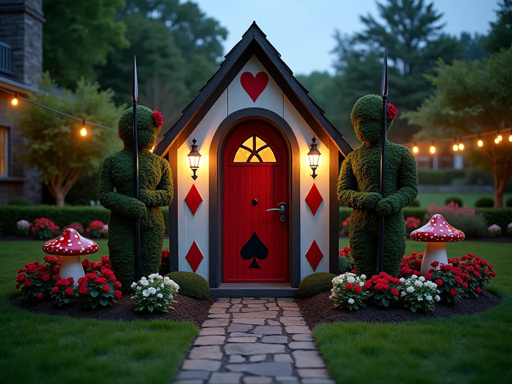 Alice in Wonderland Playing Card Guard House - A whimsical garden shed transformed into a Playing Card Guard House at dusk, featuring a steep-pointed roof painted as the Ace of Hearts. The structure's walls are decorated in a classic playing card design with red and black diamonds. Flanking the arched doorway are two meticulously trimmed topiary figures shaped like card soldiers, complete with spear-shaped poles entwined with climbing roses. A cobblestone path leads to the entrance, bordered by red and white roses. Soft garden lighting illuminates the scene, casting magical shadows across the manicured lawn. The structure is surrounded by oversized mushrooms and teacup-shaped flowerbeds, maintaining the Alice in Wonderland theme. Shot from a slight low angle to emphasize the magical quality of the scene, with a dreamy bokeh effect in the background created by string lights.