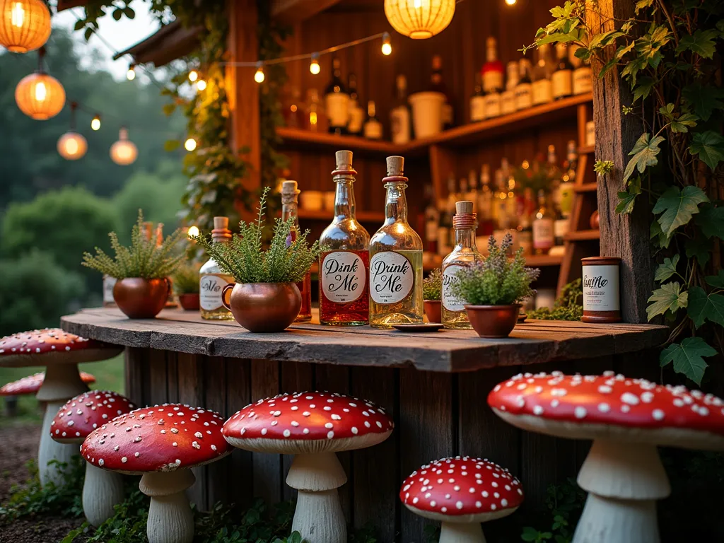 Whimsical Alice in Wonderland Garden Bar at Twilight - A magical twilight scene of an enchanted garden bar, photographed with a wide-angle lens capturing the entire setting. A handcrafted wooden bar is adorned with Victorian-style oversized glass bottles labeled 'Drink Me' in elegant calligraphy, illuminated by warm string lights. Surrounding the bar are naturally growing mushrooms and custom-made toadstool seating, featuring red and white spotted cushions. A centerpiece toadstool table holds vintage teacups and 'Eat Me' tagged herbs in copper planters. The bar backdrop features climbing roses and ivy, while glowing paper lanterns cast a dreamy atmosphere. A variety of herbs including thyme, mint, and lavender grow in whimsical teacup planters with 'Eat Me' tags. The scene is captured during the golden hour, with fairy lights twinkling and creating a magical ambiance.