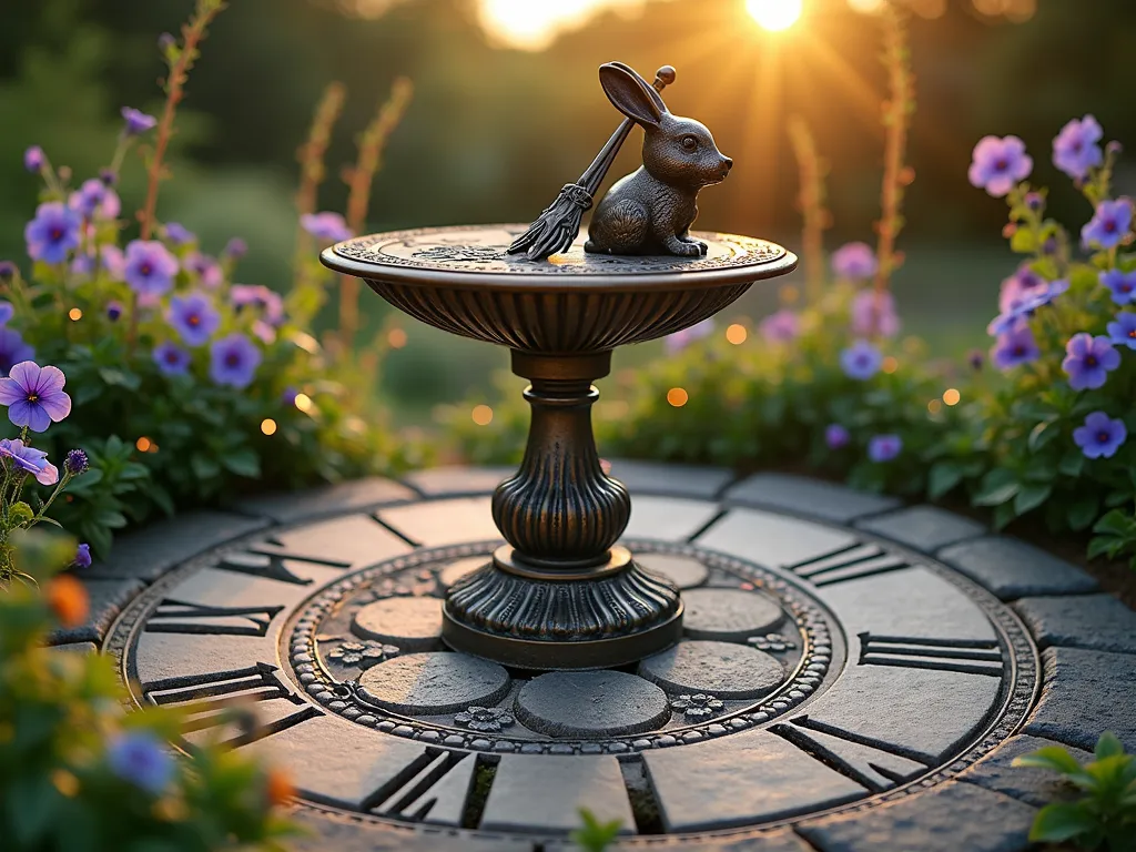 Alice in Wonderland Time Garden Sundial - A whimsical garden scene at golden hour, shot with a wide-angle lens capturing an ornate Victorian-style bronze sundial as the centerpiece, standing 4 feet tall with intricate rabbit and teacup engravings. Surrounding the sundial, a circular pattern of weathered stone pavers featuring embedded clock faces with Roman numerals creates a mesmerizing spiral effect. Morning glory vines with purple-blue flowers climb the sundial, while evening primrose and moonflowers are strategically placed around the timepiece. Vintage-style copper pocket watches hang from shepherd's hooks at varying heights. The garden is bordered by night-blooming jasmine and four o'clocks, creating a magical atmosphere with their temporal blooming patterns. Soft, directional lighting casts long shadows across the clock-face pavers, while delicate fairy lights wrapped around the sundial add an enchanting glow. Shot with shallow depth of field focusing on the sundial's details while keeping the surrounding temporal garden elements visible but softly blurred.