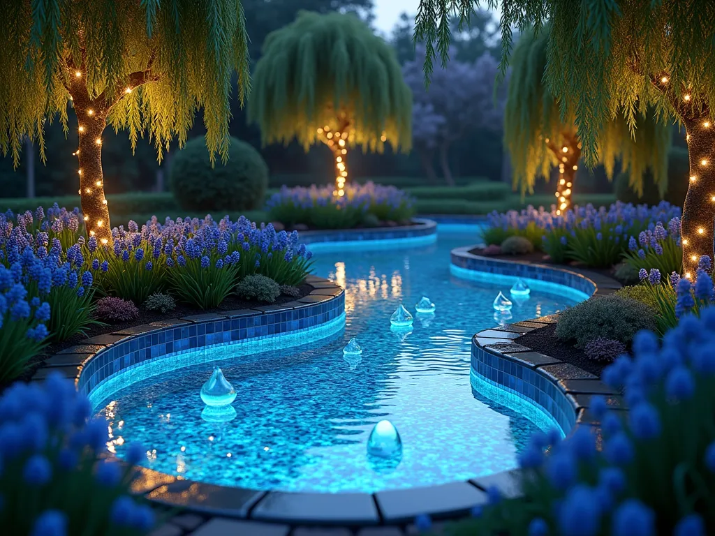 Alice's Pool of Tears Magical Garden Pond - A dreamy twilight garden scene featuring a graceful teardrop-shaped pond with illuminated blue glass mosaic tiles creating a ethereal glow from beneath the water's surface. The pond is surrounded by cascading weeping willows and weeping cherry trees whose branches elegantly touch the water's edge. Floating crystal teardrops catch the last light of day, creating magical reflections across the rippling surface. Luminous blue forget-me-nots and delphinium border the pond's edge, while glass orbs shaped like tears are nestled among the plantings. Shot with a wide-angle lens to capture the entire emotional scene, with the weeping trees framing the composition and their reflection creating perfect symmetry in the still water. The twilight timing allows the blue glass bottom to create an otherworldly glow while string lights wrapped in the tree branches add additional enchantment.