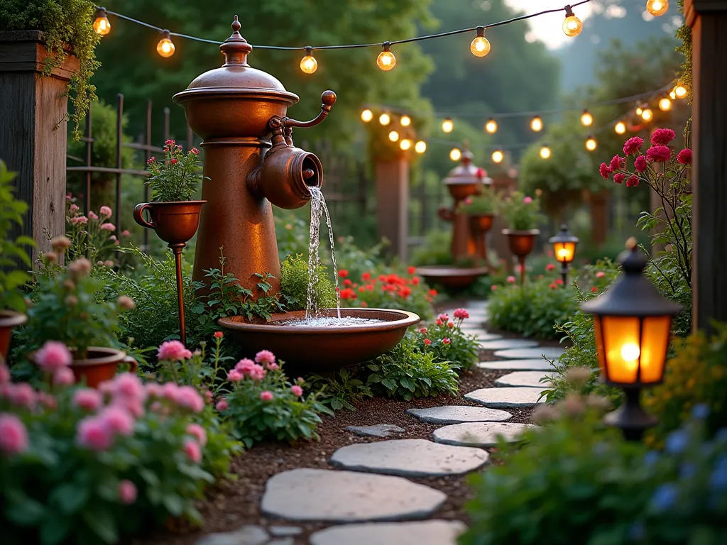 Whimsical Duchess's Pepper Garden at Twilight - A whimsical garden scene at twilight, photographed with a wide-angle lens, featuring a charming raised spiral garden bed filled with various pepper plants and aromatic herbs. A towering, vintage-inspired copper pepper grinder fountain stands as the centerpiece, gently trickling water into a mosaic basin below. Victorian-style cooking implements, oversized and weathered, are artfully arranged as garden sculptures - including bronze whisks serving as trellises for climbing pepper vines. Antique teacups and saucers edge the garden paths, filled with flowering herbs. Warm fairy lights strung overhead cast a magical glow, while copper lanterns shaped like chef's hats illuminate the winding pathway. The garden is bordered by ornate wrought iron fencing designed to look like vintage cutlery. Shot with dramatic depth of field highlighting both the intricate details and the overall enchanted atmosphere.