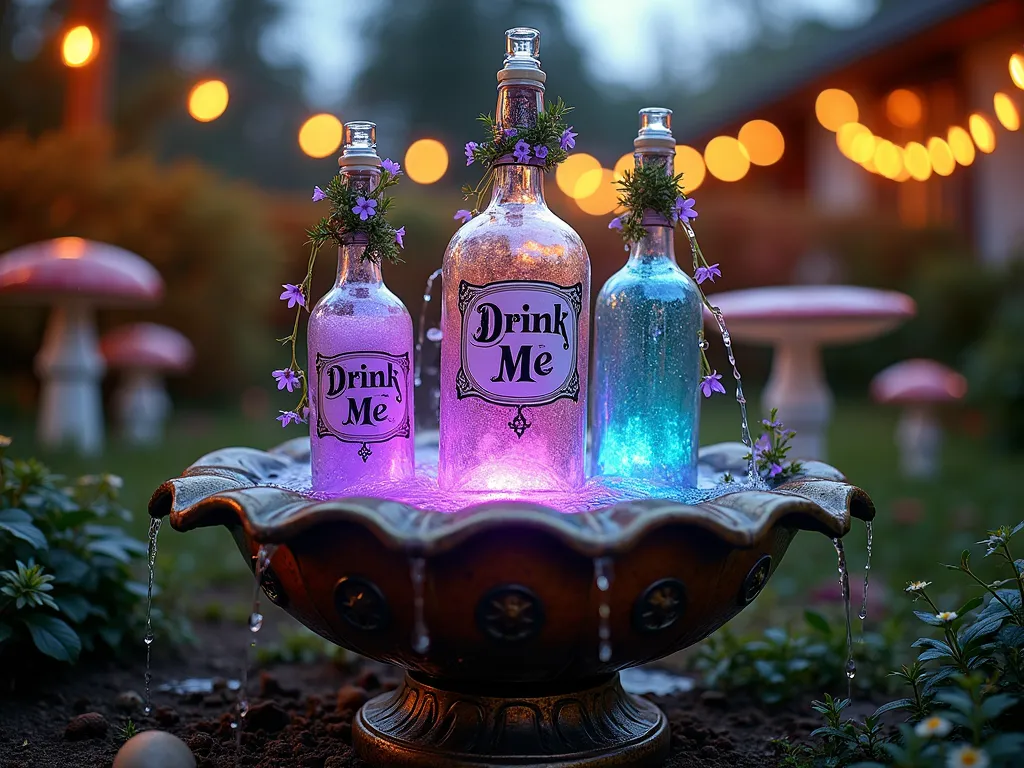 Enchanted 'Drink Me' Garden Fountain - A magical garden fountain at twilight, featuring three vintage glass bottles labeled 'Drink Me' in ornate Victorian lettering, cascading water from their necks into a weathered copper basin. The bottles, varying in size from 2 to 4 feet tall, are mounted on decorative brass pedestals wrapped with climbing moonflowers and night-blooming jasmine. Purple and blue LED lights illuminate the water streams, creating an ethereal mist effect around the fountain. The surrounding garden features oversized mushrooms and pocket watch decorations, while string lights twinkle overhead. Shot with a wide-angle lens at f/8, capturing the entire whimsical scene with the golden light of dusk filtering through the mist, creating rainbow refractions in the water droplets. Photographed from a low angle to emphasize the magical height of the bottles against the twilight sky.