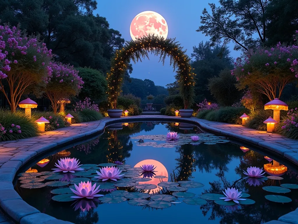 Enchanted Looking Glass Garden Pond - A mesmerizing twilight photograph of a perfectly circular mirror-finished garden pond, shot at f/2.8 with a 16-35mm wide-angle lens. The pond's surface reflects a vibrant full moon and scattered stars, creating a portal-like effect. Illuminated by strategically placed underwater LED lights in soft blues and purples, white water lilies and pink lotus flowers float dreamily on the surface. The pond is framed by weeping cherry trees and climbing roses on ornate copper arches, their silhouettes creating mysterious shadows. Glowing mushroom-shaped garden lights line the stone pathway leading to the pond's edge, while delicate fairy lights twinkle in the surrounding foliage. The composition captures both the reflection and the surrounding garden, emphasizing the magical mirror effect between above and below.