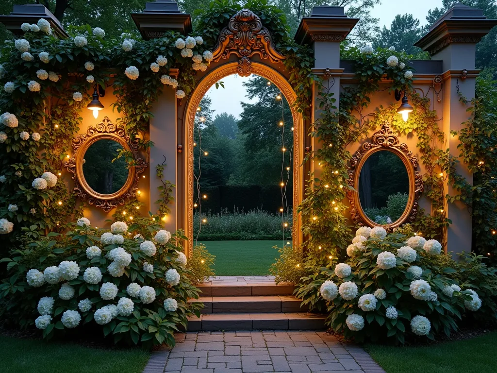 Enchanted Mirror Garden Wall - A magical garden wall at twilight, adorned with ornate vintage gold-framed mirrors of various sizes, creating an ethereal Alice in Wonderland atmosphere. Moonflowers and white climbing roses gracefully intertwine around the frames, with soft LED lights hidden among the foliage casting a dreamy glow. The mirrors reflect a lush garden beyond, creating an illusion of infinite magical realms. Shot from a wide angle to capture the full wall's grandeur, with the last rays of sunset creating a mystical ambiance. The wall features Victorian-style architectural elements, with some mirrors appearing to ripple like liquid silver. Delicate fairy lights weave through the climbing vines, while strategic uplighting creates dramatic shadows. Photographed with a DSLR camera using a wide-angle lens, f/8 aperture, ISO 100, capturing the interplay of natural and artificial light at dusk.