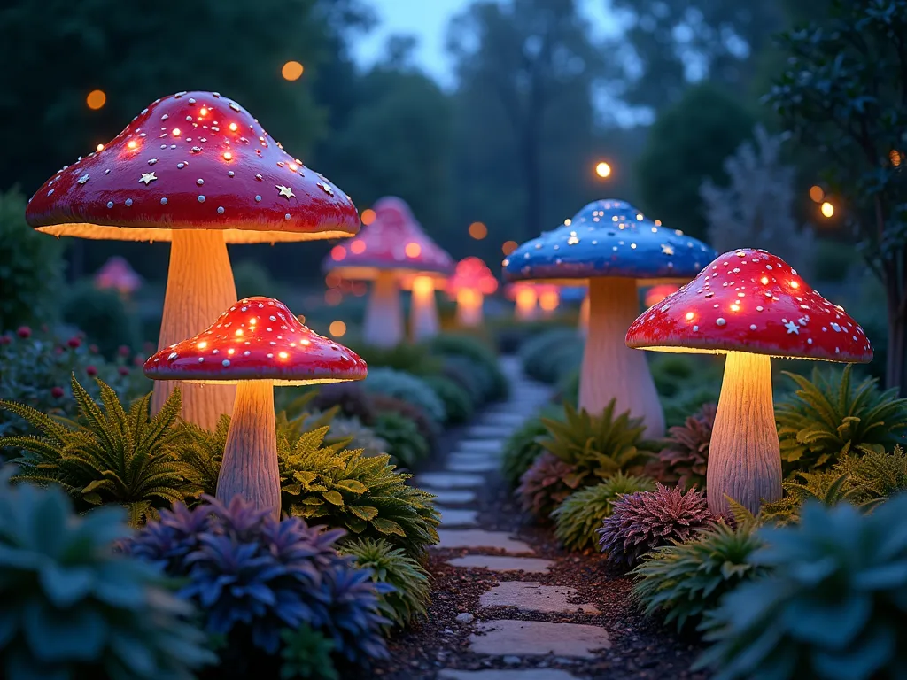 Enchanted Mushroom Fairy Ring at Twilight - A magical garden scene captured at twilight with a wide-angle perspective showing a perfect circle of oversized, whimsical mushrooms ranging from 2-4 feet tall. The mushrooms feature vibrant red caps with white spots, purple stems, and blue-tinted varieties, all crafted to look naturally weathered. Beneath them, a carpet of shade-loving hostas, ferns, and purple heucheras creates a lush understory. Small LED lights are embedded in the mushrooms' caps, creating a soft, ethereal glow. The scene is photographed with gentle bokeh effect, capturing fireflies dancing around the mushrooms. Low-lying mist adds mystery, while subtle uplighting illuminates the mushrooms from below. The background shows glimpses of a naturalistic garden path winding away into darkness, 16-35mm lens creating dramatic depth, f/2.8 for dreamy light capture, shot at twilight with ISO 400 for perfect balance of natural and artificial light.