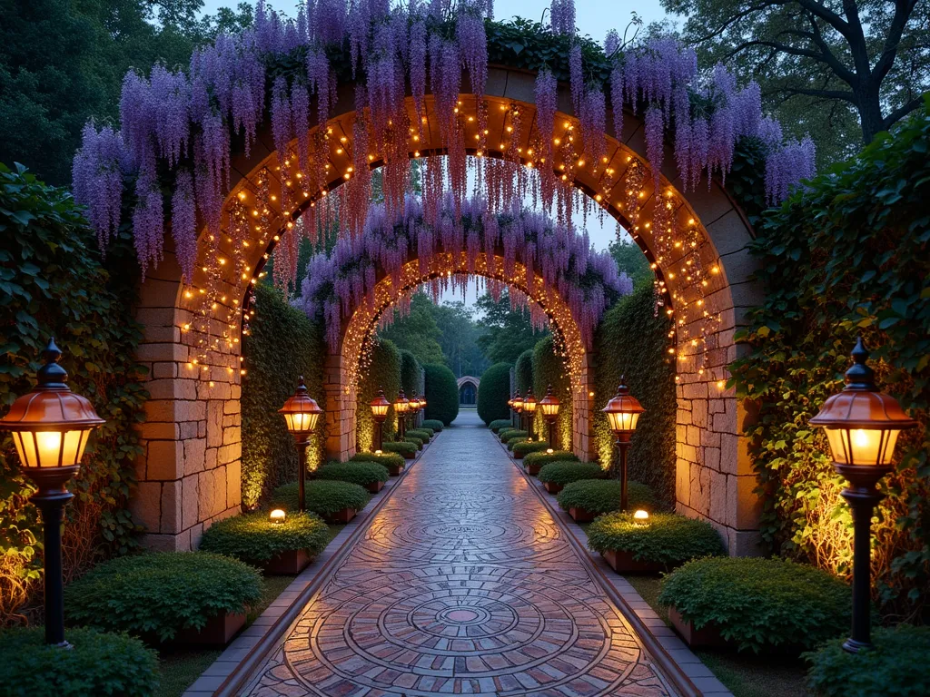 Enchanted Rabbit Hole Garden Entrance - A mysterious garden archway at twilight, photographed from a low angle, creating a dramatic entrance reminiscent of Alice in Wonderland. The arch is densely covered with flowering wisteria cascading down, intertwined with twinkling fairy lights. Large ornate Victorian-style mirrors are strategically placed along curved stone walls flanking the arch, creating infinite reflections. A spiral pattern mosaic pathway leads through the arch, decorated with oversized copper pocket watches and teacups. Climbing roses and ivy add depth to the stone walls, while glowing mushrooms line the pathway. Subtle uplighting creates magical shadows and depth, suggesting a descent into wonderland. The scene is captured with a wide-angle lens to show the full magical effect of the illusion.