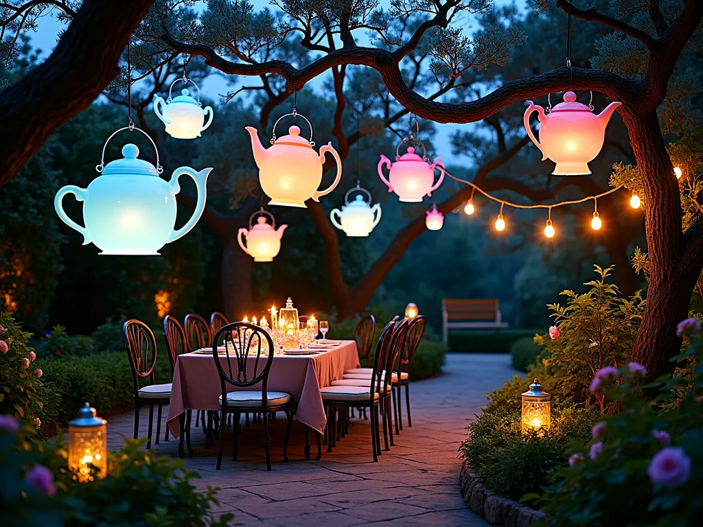 Enchanted Tea Party Garden Lighting - A magical twilight garden scene captured with a wide-angle lens showing a whimsical outdoor tea party setting. Giant vintage-style teacup lanterns in pastel blues and pinks glow ethereally, suspended from twisted tree branches. Illuminated antique teapots in various sizes emit soft, color-changing light through their spouts and lids, placed strategically among lush garden foliage. Delicate string lights with Victorian-style bulbs weave through climbing roses and jasmine, creating a dreamy canopy overhead. Motion-activated fairy lights twinkle in mason jars scattered along a curved garden path. The scene is photographed during blue hour, creating a perfect balance between natural and artificial light, with a shallow depth of field highlighting the intricate lighting details. Ornate wrought iron garden furniture and mismatched vintage chairs surrounding a decorated tea table complete the Mad Hatter's garden aesthetic.