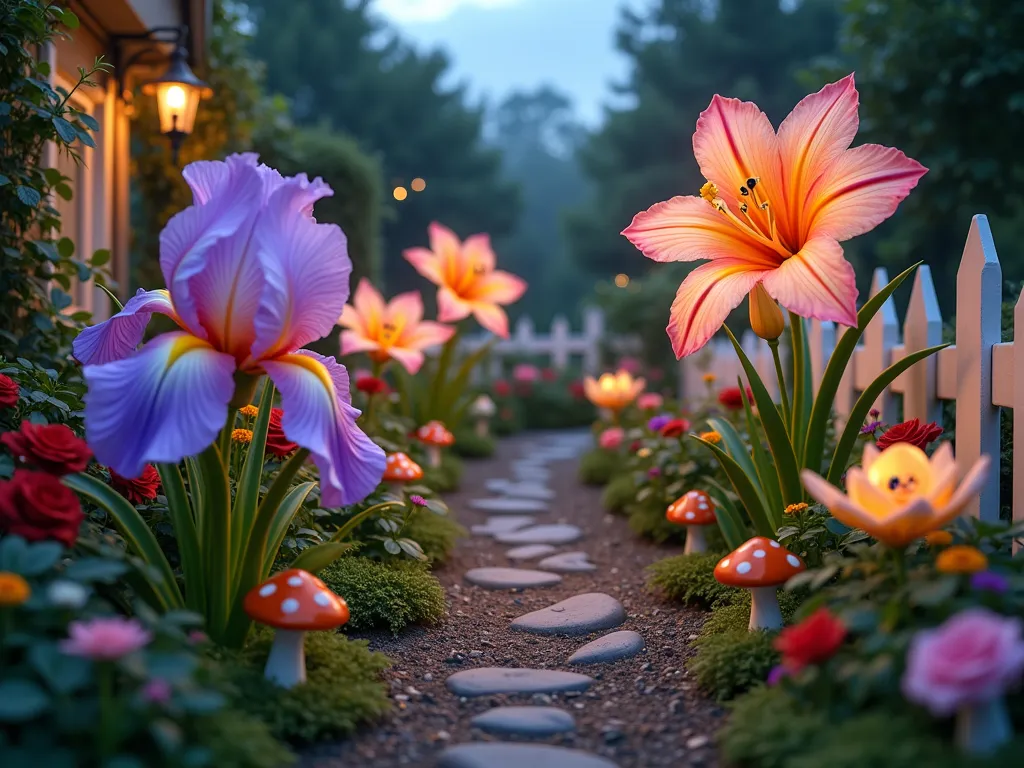 Whimsical Garden of Living Flowers at Twilight - A magical garden scene at twilight with oversized, artistically crafted flowers featuring whimsical faces, shot from a low angle perspective. Ornate ceramic flowers with hand-painted expressions intermingle with real blooming roses, daisies, and tiger lilies. Motion sensors disguised as mushrooms dot the garden path. Soft garden lighting creates an enchanting glow, highlighting the faces of the flowers. Small speakers crafted to look like morning glory vines wind through the flower beds. The garden is bordered by a decorative white picket fence with climbing roses. In the foreground, a large purple iris with a gentle smile seems to bend towards the viewer, while other flowers appear to be in mid-conversation. Fairy lights twinkle throughout the scene, creating a dreamy, wonderland atmosphere. Photorealistic, detailed, magical garden photography style.