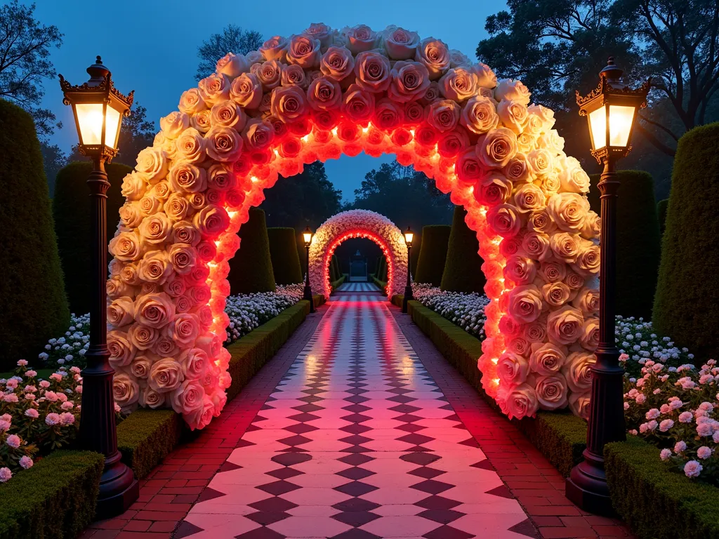 Illuminated Rose Garden with Color-Changing Effects - A magical twilight garden scene featuring an elegant archway covered in pristine white roses, photographed in wide angle. Smart LED lighting systems cast a mesmerizing red glow on select roses, creating a stunning transition effect from white to red. Crystal-clear dew drops on the petals catch and refract the light, adding sparkle. The pathway beneath is paved with checkerboard pattern tiles, while ornate Victorian-style lampposts with color-changing capabilities illuminate the scene. Scattered playing card-shaped topiary frames the composition, while a vintage-style control panel disguised as a golden pocket watch allows visitors to trigger the lighting transformation. The background shows a manicured garden with perfectly trimmed hedges, creating depth and mystery in the fading daylight.