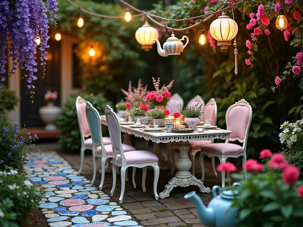 Whimsical Mad Hatter's Garden Tea Party - A twilight garden scene captured with a wide-angle lens showcasing a whimsical outdoor tea party setting. An enchanting arrangement of mismatched vintage chairs in pastel colors surrounds an ornate wrought-iron table set on a circular patio. Overhead, warm-glowing paper lanterns and fairy lights create a magical canopy. Antique teapots converted into hanging planters overflow with cascading purple wisteria and pink trailing petunias. The table features an eclectic collection of Victorian teacups repurposed as succulent gardens. A winding pathway made of broken china mosaics in blues and golds leads through beds of vibrant roses, delphiniums, and foxgloves. In the foreground, a large oversized decorative teapot planter bursts with red roses and white daisies. The scene is photographed during the golden hour, with soft bokeh effects highlighting the twinkling lights and creating a dreamy atmosphere. f/2.8, ISO 400, 16mm.