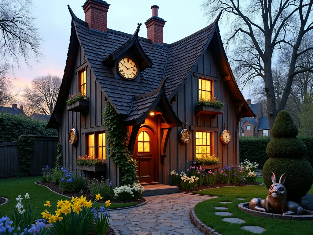 Whimsical March Hare Garden House at Twilight - A whimsical garden playhouse photographed at twilight, featuring asymmetrical Tudor-style architecture with a dramatically crooked brick chimney and vintage clocks adorning its weathered wooden walls. The cottage's windows glow warmly, illuminating a collection of brass pocket watches and ornate timepieces mounted on the exterior. A charming arched doorway is flanked by blooming daffodils, grape hyacinths, and early spring crocuses. Copper rabbit sculptures and weathervanes decorate the roofline, while climbing English ivy adds character to the walls. Garden paths of mismatched stepping stones lead to the entrance, lined with whimsical topiary rabbits and vintage teacups repurposed as planters. Captured with a wide-angle lens at f/8, emphasizing the magical atmosphere with the last rays of sunset creating long shadows across the garden. Shot from a slight low angle to emphasize the building's quirky proportions.