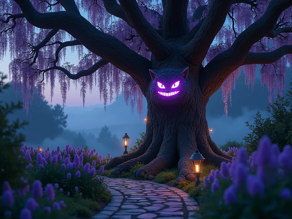 Mystical Cheshire Cat Tree at Twilight - A wide-angle twilight shot of an enchanted garden featuring a gnarled ancient oak tree with an ethereal, glowing Cheshire Cat face carved into its trunk. The cat's luminous purple LED eyes and crescent smile emit a soft, mysterious glow that reflects off the surrounding foliage. Climbing wisteria and purple clematis vines intertwine around the tree, their blooms creating a magical purple and pink frame around the cat's face. Small fairy lights are nestled within the branches, creating depth and mystery in the scene. The tree is positioned in a dreamy cottage garden setting with a curved stone path leading toward it, bordered by moonflowers and evening primrose that appear to glow in the dusky light. Shot with atmospheric lighting that captures the magical transition between day and night, with subtle fog rolling in at the base of the tree. Professional DSLR capture with perfect depth of field showcasing both the intricate details of the carved face and the surrounding garden landscape.