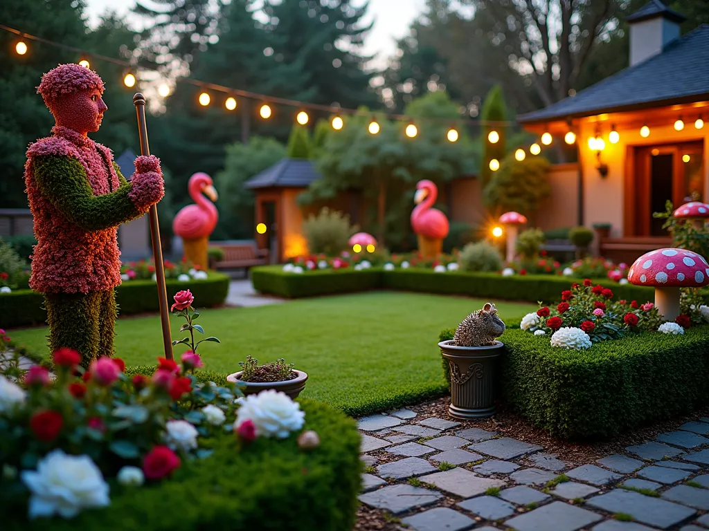 Alice in Wonderland Croquet Garden at Dusk - A whimsical garden croquet court at dusk, photographed with a wide-angle lens capturing the entire magical setup. Meticulously trimmed hedges form the court boundaries, while life-sized topiary playing card soldiers stand guard at each corner, their detailed uniforms crafted from red and black flowers. White rose bushes with hand-painted red tips glow softly in the fading light. Ornate flamingo-shaped croquet mallets lean against a vintage garden bench, their pink feathers catching the golden hour light. Decorative hedgehog balls rest on ornate pedestals, while string lights wrapped around the topiary soldiers create a magical atmosphere. A cobblestone path winds through the scene, with oversized mushrooms and whimsical garden ornaments dotting the landscape. Shot with a 16-35mm lens at f/2.8, ISO 400, capturing the enchanting garden details and the warm, dreamy lighting of sunset.