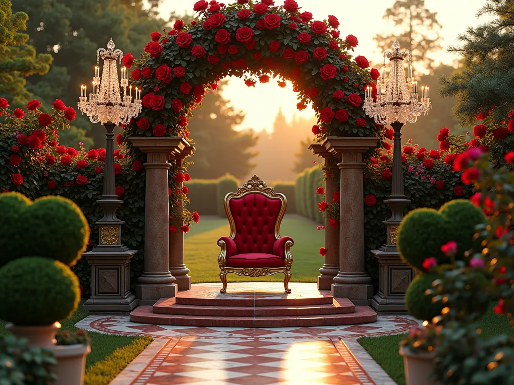 Regal Queen of Hearts Garden Throne - A majestic garden scene at golden hour, photographed with a wide-angle lens, featuring an ornate Victorian-style throne in weathered gold and red velvet, positioned beneath a grand arch covered in climbing red roses. The throne sits on an elevated platform with red and white checkered marble paving in a spiral pattern. Heart-shaped topiaries crafted from boxwood line the pathway leading to the throne, while tall red rose bushes create a dramatic backdrop. Crystal chandeliers hang from decorative metal stands, catching the warm evening light. The scene is photographed at f/2.8 with subtle depth of field, creating a dreamy, ethereal atmosphere reminiscent of Alice in Wonderland.