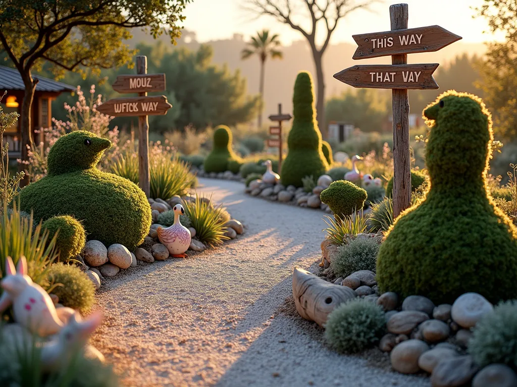 Whimsical Caucus Race Garden Path - A magical twilight garden scene featuring a winding circular gravel path bordered by weathered driftwood and seashells. Quirky handcrafted wooden signposts with vintage-style arrows point in conflicting directions with playful text like 'This Way' and 'That Way'. Life-sized topiary figures of the Dodo bird, Mouse, and Duck peek out among beach grasses and coastal flowers. Twinkling fairy lights weave through the scene, while painted wooden flamingos and rabbits mark different 'stations' along the path. Scattered maritime elements like weathered rowboats repurposed as planters add to the beach theme. The path is captured from a wide-angle perspective showing its complete circular nature, with the golden hour sun casting long shadows across the whimsical landscape. Shot with pristine clarity showing intricate details of the coastal-meets-wonderland design. Professional DSLR photo with perfect exposure and depth of field.