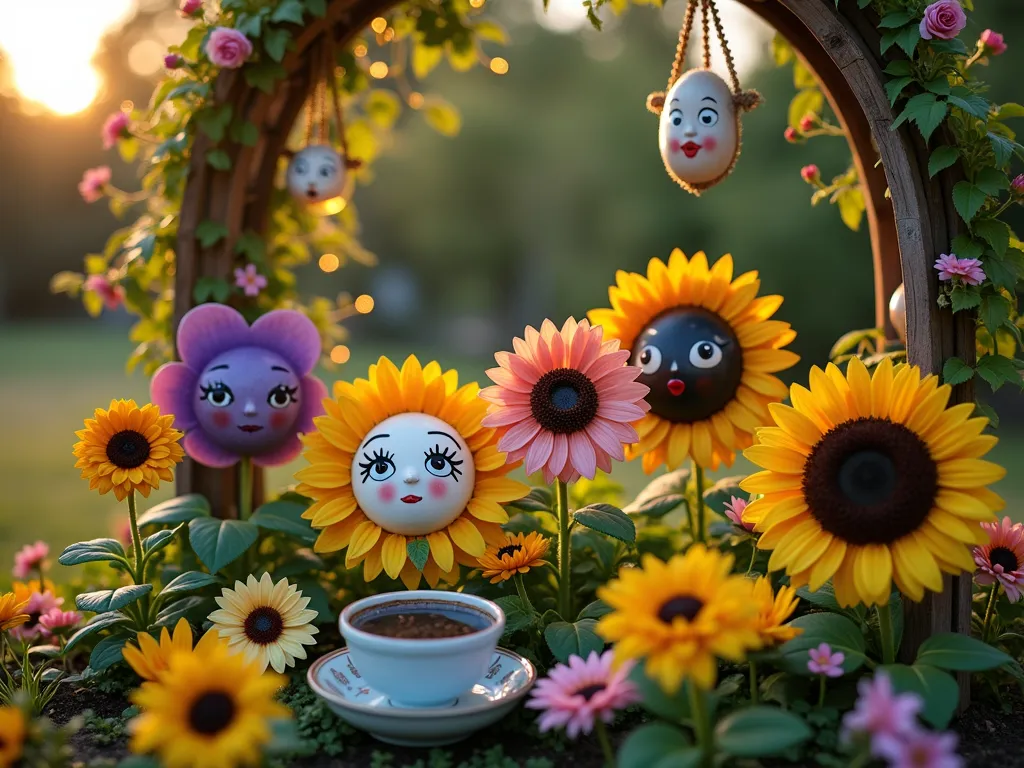 Whimsical Talking Flowers Garden - Close-up shot of a magical flower bed at golden hour, featuring oversized pansies and sunflowers with hand-painted ceramic faces nestled among their petals. Black-eyed Susans and daisies arranged to create natural face-like appearances, complemented by vintage teacup planters and hand-painted garden stakes with Victorian-style faces. Delicate solar-powered fairy lights weave through the flowers, creating a soft ethereal glow. Background shows a weathered garden arch covered in climbing roses with hanging vintage mirrors reflecting the evening light. Shot with shallow depth of field highlighting the expressive flower faces in sharp detail while creating a dreamy, bokeh effect in the background. DSLR camera, f/8, ISO 100, 1/125s, natural lighting enhanced by golden hour glow.