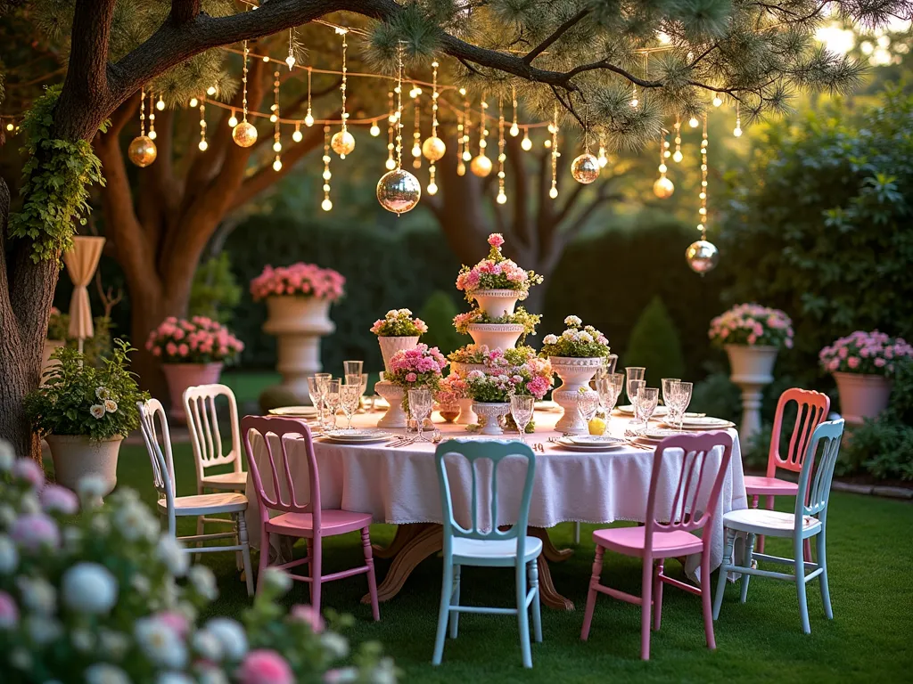 Whimsical Garden Unbirthday Party Setting - A dreamy twilight garden scene captured with a wide-angle lens, showing a permanent outdoor party space inspired by Alice in Wonderland. The focal point is an ornate vintage-style table decorated with weather-resistant pastel fabric bunting and metallic streamers dancing in the breeze. Surrounding the table are tiered cake-shaped planters crafted from painted ceramic, overflowing with colorful blooms of petunias and trailing ivy. Strung between mature trees are twinkling fairy lights and metallic balloon-shaped garden ornaments in gold and silver. Mismatched vintage-style garden chairs in weathered pastel colors surround the table, while giant decorative teacups serve as whimsical planters filled with flowering tea roses. The scene is completed with oversized playing card-shaped trellises covered in climbing roses and a permanent tea party setting with mercury glass décor pieces. The golden hour lighting casts a magical glow across the scene, creating long, enchanting shadows.