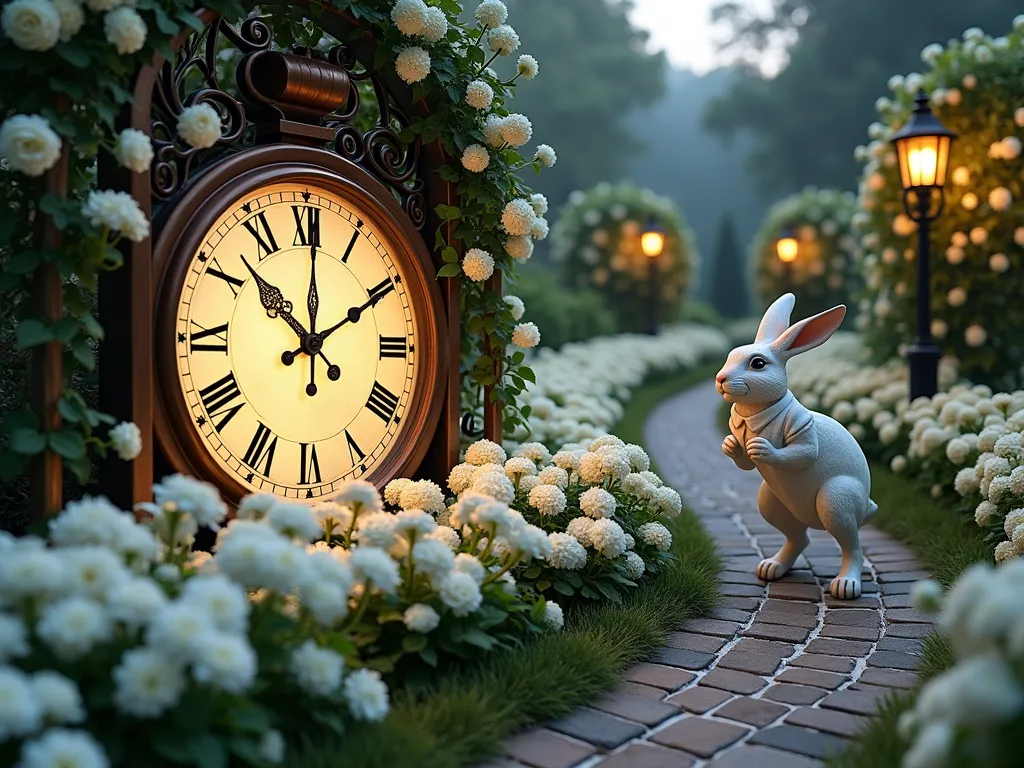 White Rabbit's Enchanted Clock Garden at Dusk - A whimsical garden scene at dusk with a large, ornate vintage clock face (4 feet diameter) partially embedded in a lush flower bed, its roman numerals glowing softly. The clock is surrounded by a dreamy border of pure white phlox and candytuft in full bloom. Elegant white climbing roses spiral up decorative copper trellises on either side of the clock. Several antique-style golden pocket watches hang from shepherd's hooks among the flowers, catching the last light of day. A detailed white marble rabbit statue, dressed in a waistcoat, appears to be rushing past the clock on a winding cobblestone path. The scene is photographed from a low angle, with soft garden lights creating a magical atmosphere and casting long shadows. Victorian-style garden lanterns illuminate the background, where more white flowers fade into a misty garden perspective.