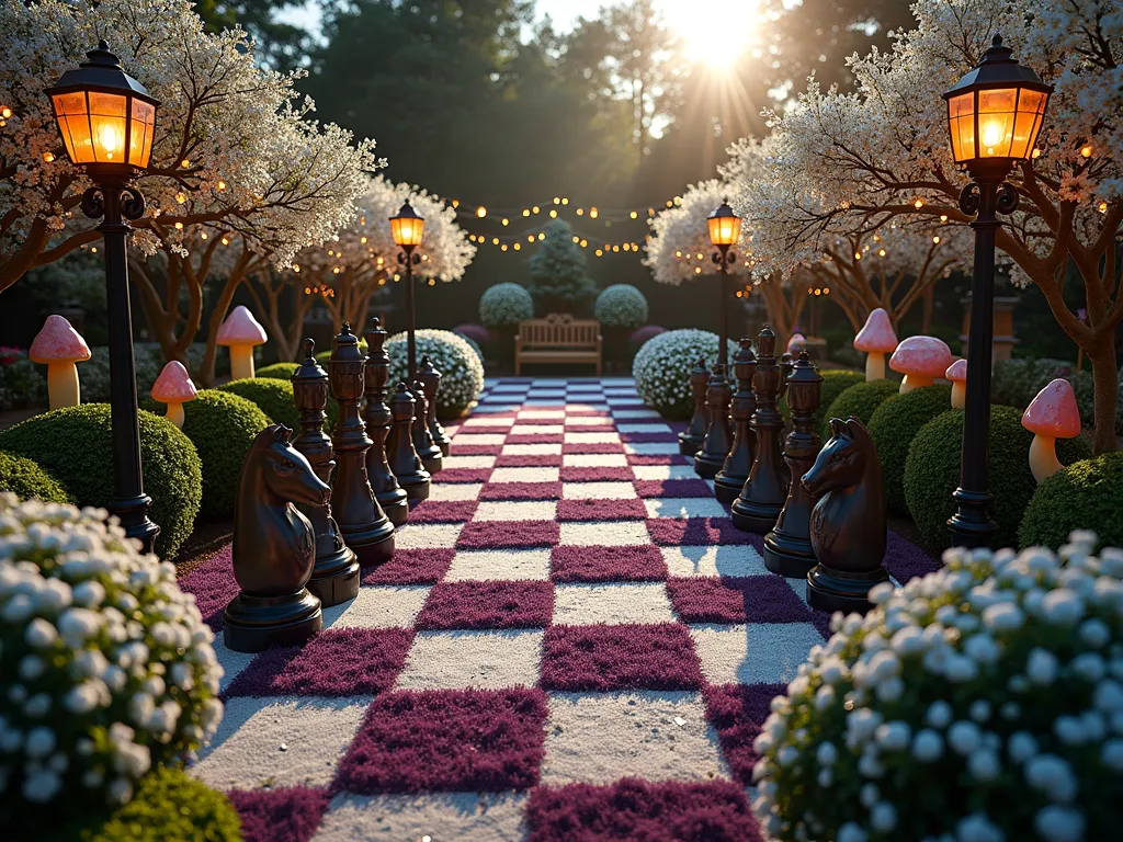 Life-Sized Wonderland Chess Garden at Dusk - A captivating wide-angle DSLR photograph of a magical garden chess board at dusk, shot at f/8. The life-sized chess board is created with alternating squares of white Candytuft flowers and dark Purple Mondo Grass, creating a perfect contrast. Towering oversized chess pieces, crafted as weathered bronze sculptures, cast long shadows across the board. The chess garden is bordered by neatly trimmed Red Queen Rose bushes and whimsical topiaries shaped like playing cards. Twinkling fairy lights are strung overhead between ornate Victorian lampposts, creating a magical ambiance. White flowering dogwood trees frame the scene, their branches creating natural archways. Giant mushroom sculptures with color-changing LED lights dot the periphery, while a ornate wrought-iron bench with heart-shaped details provides a viewing spot. The golden hour lighting bathes the entire scene in a warm, ethereal glow, highlighting the textures of the plants and sculptures.