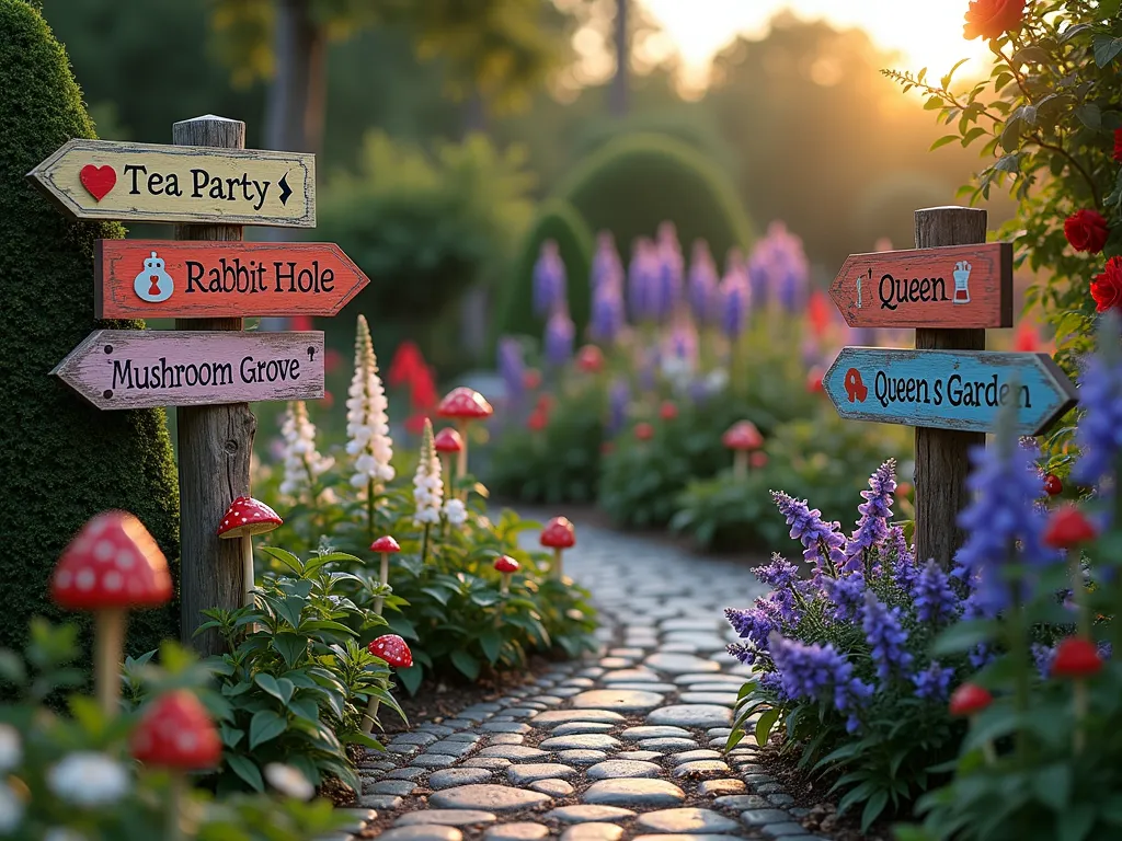 Whimsical Wonderland Garden Signpost - A whimsical garden scene at dusk with vintage wooden signposts painted in vibrant pastels pointing in contradictory directions, featuring arrows labeled 'Tea Party →', '↑ Rabbit Hole', '← Mushroom Grove', and '↙ Queen's Garden'. The signposts emerge from a lush garden bed filled with blooming purple and white foxgloves, red roses, and patches of giant blue delphiniums. Twinkling solar lights are scattered throughout, creating a magical atmosphere. A curved cobblestone path winds between the signs, bordered by trimmed topiary shapes resembling chess pieces. Ornamental mushrooms in red and white dot the garden floor, while climbing roses with both red and white blooms weave up the weathered signpost. Shot with a wide-angle lens at f/8, capturing the depth and dimension of the entire magical scene as the last rays of sunlight create long shadows and golden highlights across the garden.