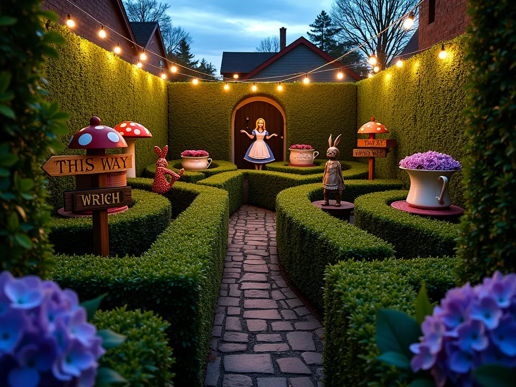 Whimsical Wonderland Garden Maze at Dusk - A captivating wide-angle shot of a charming backyard hedge maze at dusk, captured with a 16-35mm lens at f/2.8, ISO 400. The maze features neatly trimmed boxwood hedges creating winding paths, illuminated by whimsical mushroom-shaped lanterns. At various dead ends, hand-painted wooden cutouts of the Cheshire Cat, White Rabbit, and Mad Hatter peek through the foliage. Vintage-style directional signposts with gold lettering point in conflicting directions, some reading 'This Way,' 'That Way,' and 'Wrong Way.' A bronze sculpture of Alice sits at the maze's center, surrounded by oversized ceramic teacups filled with blooming red roses. String lights draped overhead create a magical twilight ambiance, while strategically placed uplighting casts mysterious shadows on the hedge walls. Purple and blue hydrangeas line the maze entrance, creating a dreamy gateway into this enchanted garden wonderland.