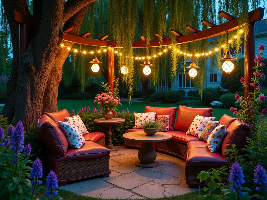 Whimsical Garden Reading Nook at Twilight - A magical garden reading nook photographed at twilight with a 16-35mm lens, f/2.8, ISO 400. Wide-angle shot showcasing a cozy corner nestled under a mature weeping willow tree. Giant leather-bound books, sculpted from weather-resistant materials, serve as creative seating arrangements. Oversized toadstool tables crafted from metalwork and glass emit a soft, warm glow from hidden LED lights. Hanging lanterns shaped like teacups cascade from tree branches, creating enchanting lighting patterns. Plush, waterproof cushions in vibrant patterns of playing cards and pocket watches rest atop the book-seats. The space is bordered by a whimsical mix of tall foxgloves and purple allium, creating a dreamy backdrop. A curved pergola wrapped in twinkle lights and climbing moonflowers frames the scene, while a collection of mismatched vintage tea sets repurposed as planters adds authentic Wonderland charm.