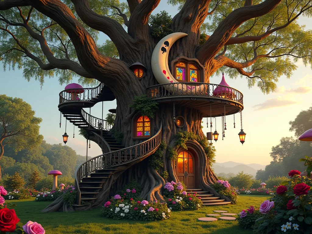 Whimsical Alice in Wonderland Treehouse - A magical multi-tiered treehouse photographed at golden hour, built around an ancient oak tree in a lush garden setting. The structure features crooked Victorian-style architecture with colorful stained glass windows and whimsical turrets. A wrought-iron spiral staircase winds up the trunk, leading to multiple levels decorated with playing card motifs. The main level hosts an elaborate tea party balcony with mismatched vintage furniture and hanging lanterns. Above, a purple-cushioned perch shaped like a crescent moon serves as the Cheshire Cat's lookout, draped with flowing silk curtains. The surrounding garden showcases blooming roses in red and white, climbing vines, and oversized mushrooms. Shot with a wide-angle lens to capture the full magical atmosphere, with soft natural lighting filtering through the tree canopy. 16-35mm lens, f/2.8, ISO 400.