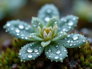 Alpine Garden After Rain - Close-up capture of alpine plants glistening after rain, showing water droplets on the silver rosettes of Saxifraga paniculata and the jewel-like flowers of Gentiana verna