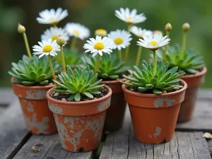 Alpine Container Collection - An artistic arrangement of weathered terracotta pots containing miniature alpine plants, including gentians and edelweiss, displayed on a rustic wooden table, close-up shot