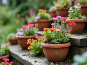 Alpine Container Display - Close-up of weathered terracotta pots arranged on rustic wooden steps, filled with blooming Lewisia, Dianthus gratianopolitanus, and various alpine sedums, creating a colorful miniature mountain landscape