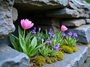 Alpine Crevice Garden - Close-up of vertical slate crevice garden with pink androsace and blue campanula growing between dramatic stone formations, textural detail