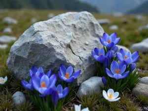 Alpine Garden Focal Point - Dramatic close-up of a weathered granite boulder surrounded by a corona of brilliant blue Gentiana acaulis and white Pulsatilla alpina, creating a striking focal point