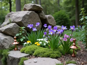 Alpine Garden Corner - Intimate corner setting with weathered rock outcrop, featuring Primula auricula, Campanula, and dwarf iris in bloom. Small copper garden ornaments add interest.