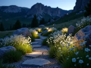 Alpine Garden Night - Evening scene of an alpine garden with subtle landscape lighting highlighting rock formations and casting shadows among illuminated white-flowering cerastium