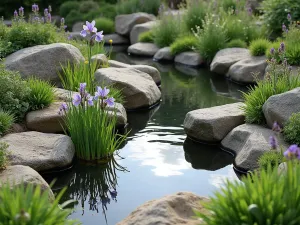 Alpine Garden Pool - Small reflecting pool surrounded by carefully placed rocks and alpine plants including Iris cristata, Aquilegia, and moisture-loving alpine species.