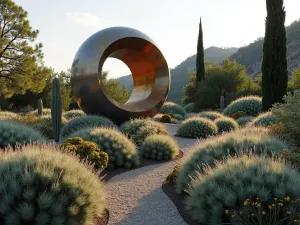 Alpine Garden Sculpture - Contemporary sculpture focal point in an alpine garden setting, surrounded by mounds of Dianthus, Artemisia, and architectural Euphorbias. Late afternoon lighting.