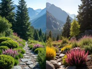 Alpine Garden Seasons - Split-view composition showing the same alpine garden area in four seasons, featuring evergreen structure and changing colors of perennial alpine plants