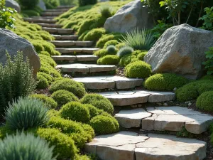 Alpine Garden Steps - Natural stone steps with alpine plants growing between the cracks, including woolly thyme and small sedums, creating a magical pathway