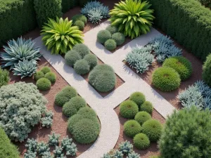 Alpine Gravel Garden - Bird's eye view of a geometric gravel garden with drought-tolerant alpines including Eryngium, Acantholimon, and silver-leaved plants arranged in striking patterns.