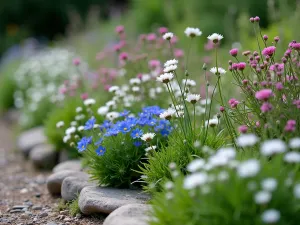 Alpine Meadow Border - Close-up of a naturalistic alpine garden border with cushion plants, including blue gentiana, pink dianthus, and silvery edelweiss, growing between weathered rocks, shallow depth of field