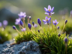 Alpine Meadow Close-up - Macro shot of alpine meadow plants including gentiana verna, silene acaulis, and tiny bellflowers growing naturally between rocks, morning dew drops