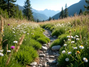 Alpine Meadow Garden - Wide-angle view of a naturalistic alpine meadow garden with Erigeron, Alpine Aster, and ornamental grasses swaying in the breeze. Small rocks scattered throughout.