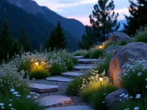 Alpine Night Garden - A small alpine garden at twilight with subtle lighting highlighting rock formations and white-flowering plants like evening primrose and white dianthus