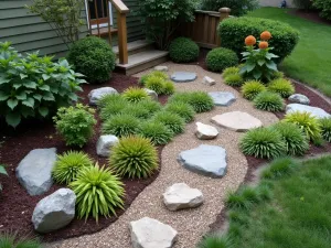 Alpine Rain Garden - A small depression garden designed to handle rainfall, featuring moisture-loving alpine plants and strategic rock placement, shot from above