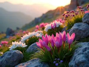 Alpine Rock Garden at Sunrise - A beautiful terraced alpine rock garden at sunrise, featuring clusters of bright pink Saxifraga, white Edelweiss, and purple Gentiana blooming among weathered granite rocks, with morning dew glistening on the petals, photorealistic style