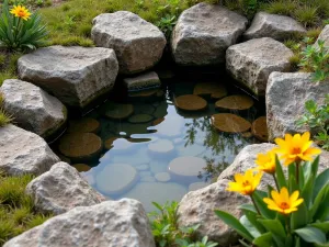 Alpine Rock Pool - Small rocky pool surrounded by alpine bog plants including marsh marigold and primula florindae, with smooth stones creating natural edges