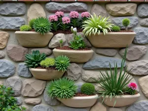 Alpine Rock Wall - Vertical rock wall garden with pockets planted with Sempervivum, Saxifraga, and Alpine Bellflower. Natural stone construction with varied textures and colors.