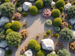 Alpine Scree Garden - Aerial view of a scree garden with angular rocks and gravel, planted with Lewisia, Delosperma, and other drought-tolerant alpine species in a geometric pattern.