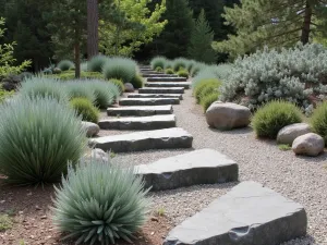 Alpine Scree Garden - A modernist interpretation of an alpine scree garden, with geometric arrangements of angular rocks and gravel, punctuated by sculptural Euphorbia myrsinites and silver-leaved Artemisia schmidtiana