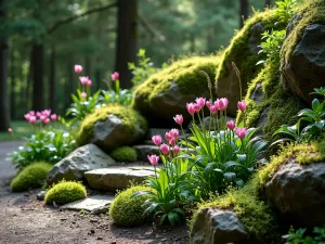 Alpine Shade Garden - A shaded alpine garden corner featuring shade-loving alpine plants like cyclamen and hepatica nestled among moss-covered rocks